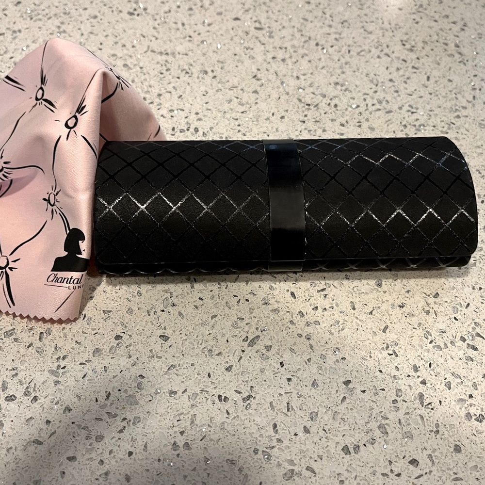 Chantal Thomas Black Rigid Eyeglass Case w/ Pink Cleaning Cloth.